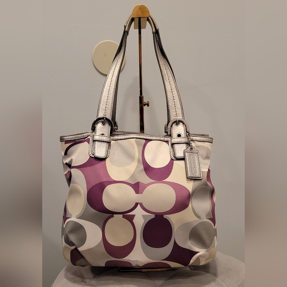 COACH Tricolor Purple/ Silver Satin Satchel Signature Scarf Tote